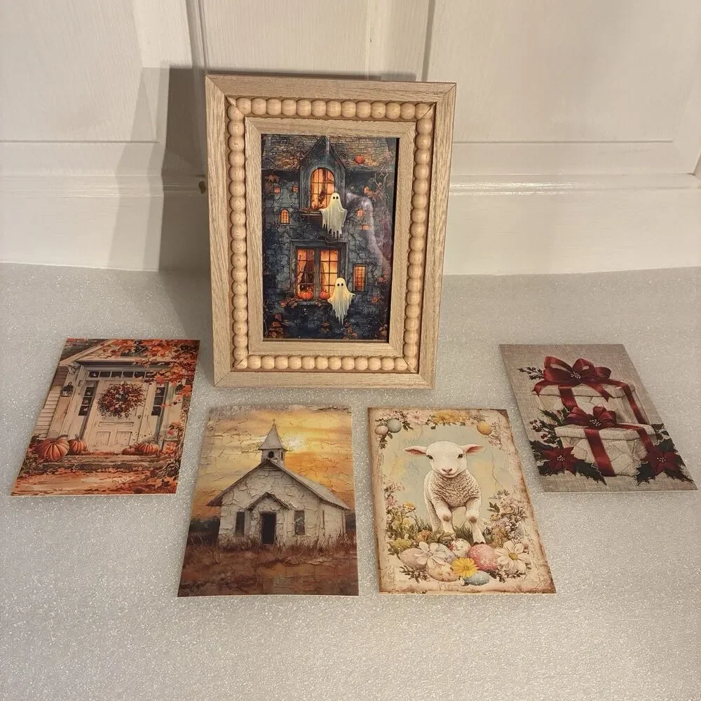 1 Wood Beaded Picture Frame With 5 Holiday Prints To Rotate. Use On Wall Or Desk